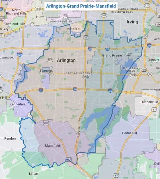 map highlighting the cities: arlington, grand prarie, and mansfield
